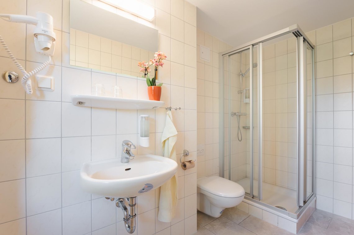 Ein Badezimmer mit Dusche, Toilette, Waschbecken und Föhn