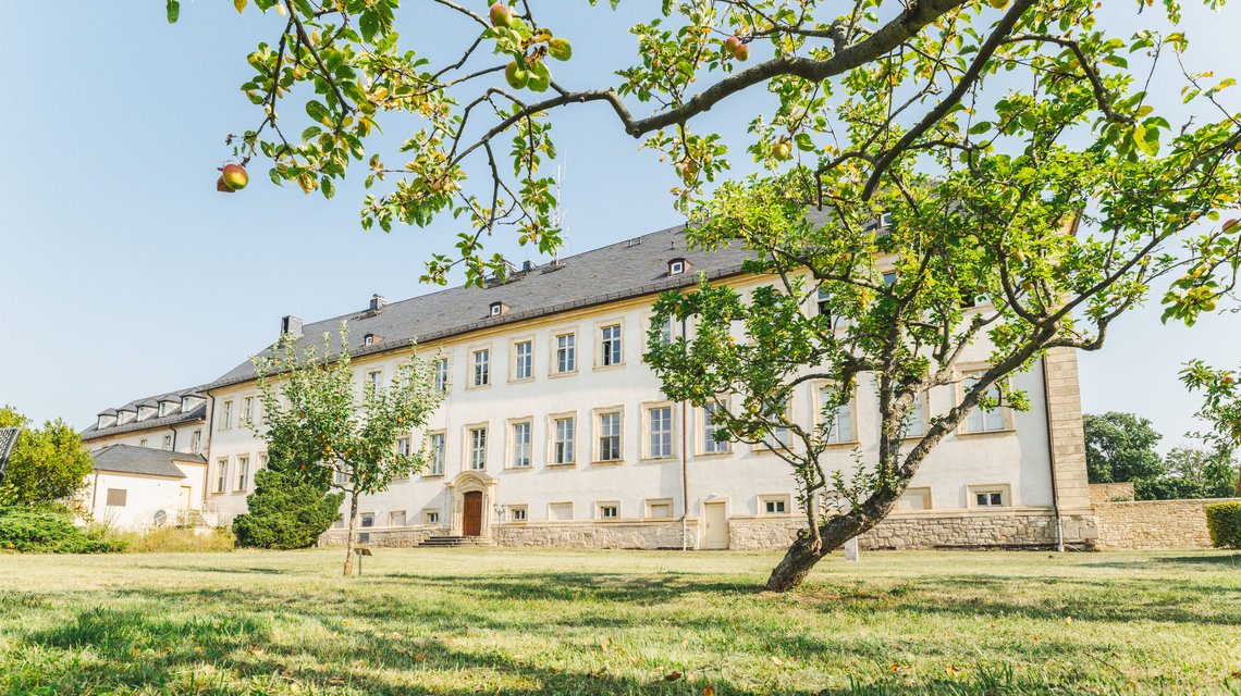 Apfelbäume stehen vor der Huysburg